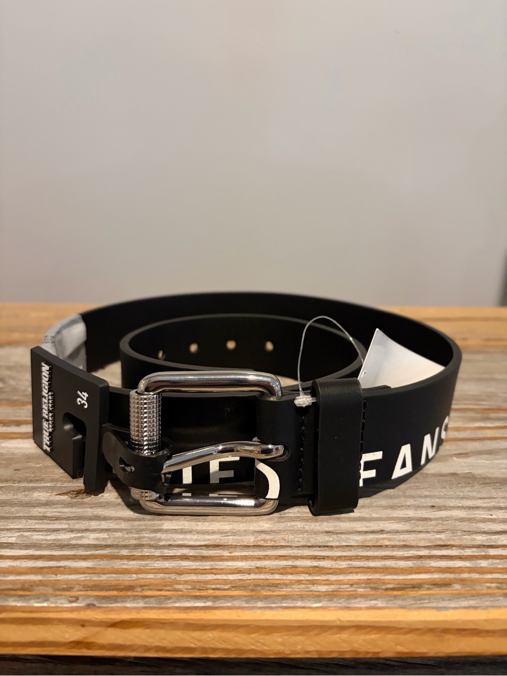 True Religion Black Logo Strap Belt with Silver Buckle Size 34